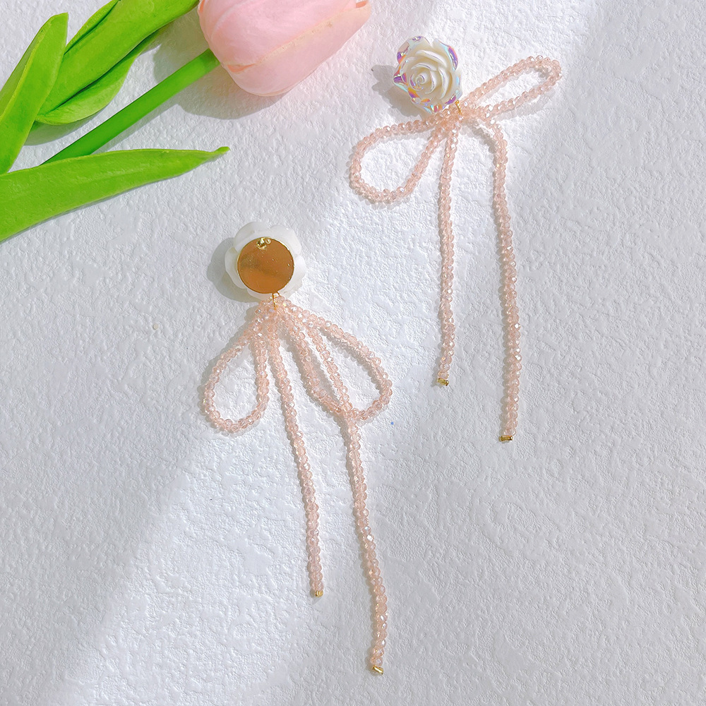 1 Pair Sweet Flower Bow Knot Glass Metal Beaded Womenu0027S Drop Earrings