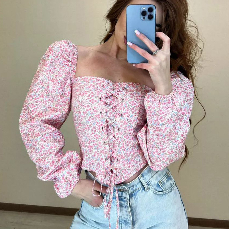Топ корсет в цветочек Print Shirt Lace-Up Corset Top