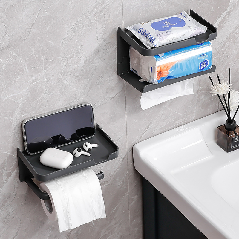 Soporte de tejido higiénico transfronterizo sin perforaciones creativo rollo de papel titular de teléfono móvil caja de pañuelos de baño montado en la pared titular de papel higiénico