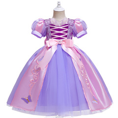2022 New Frozen Long Hair Princess Elegant Bow Girl Puffy Skirt Princess Bubble Sleeve Evening Dress 