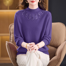 100纯羊毛衫半高领毛衣洋气钉珠打底衫中老年妈妈装保暖针织衫女