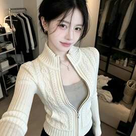 拉链麻花针织开衫女秋冬新款修身立领毛衣高级感半高领上衣潮