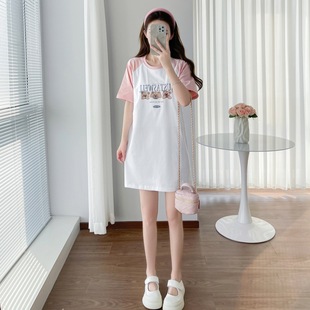 8646 Summer Base Shirt Women's Short-sleeved Printed Feeding dress Round Neck Breastfeeding Belt Chest Pad Raglan Sleeves