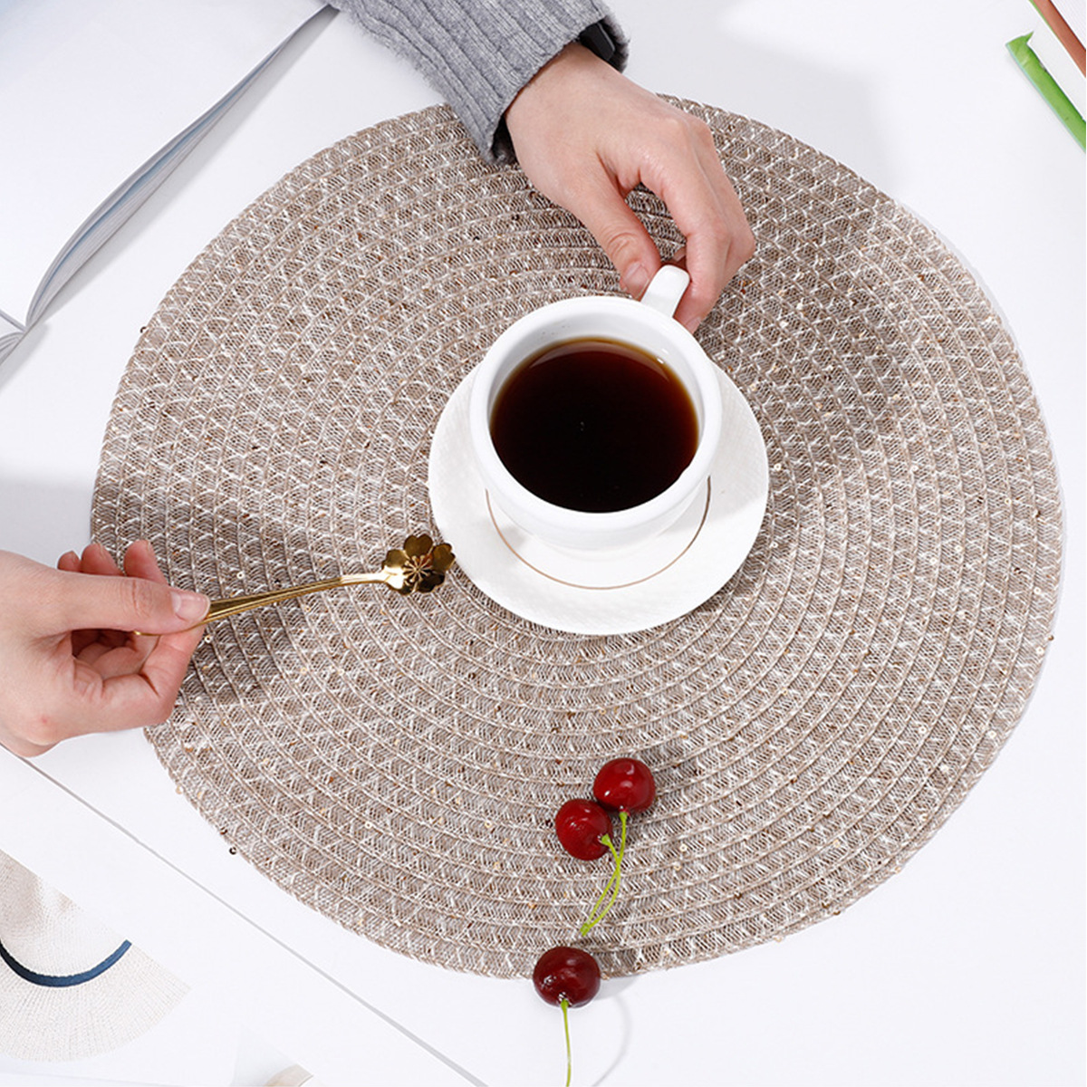 De estilo japonés ronda tejida mantel respetuoso del medio ambiente PE mesa estera de PVC mantel lavable antideslizante mesa decorativa estera montaña