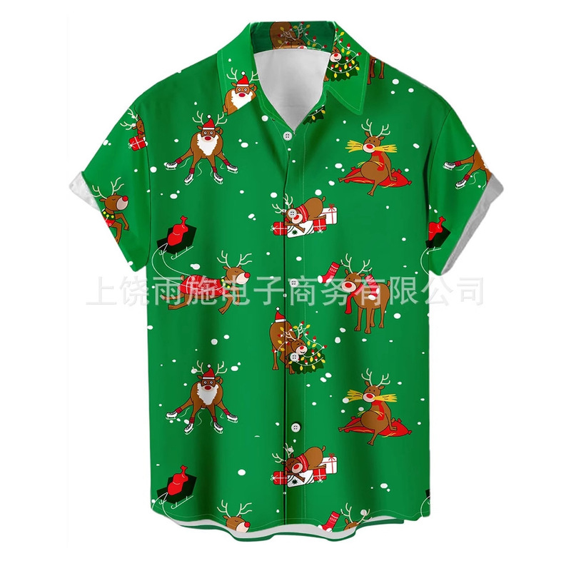 European and American Cross-Border 3D Digital Printing Christmas New Year Hawaiian Men's Lapel Short-Sleeved Shirt Santa Claus Deer European and American Cross-Border 3D Digital Printing Christmas New Year Hawaiian Men's Lapel Short-Sleeved Shirt Santa Claus Deer