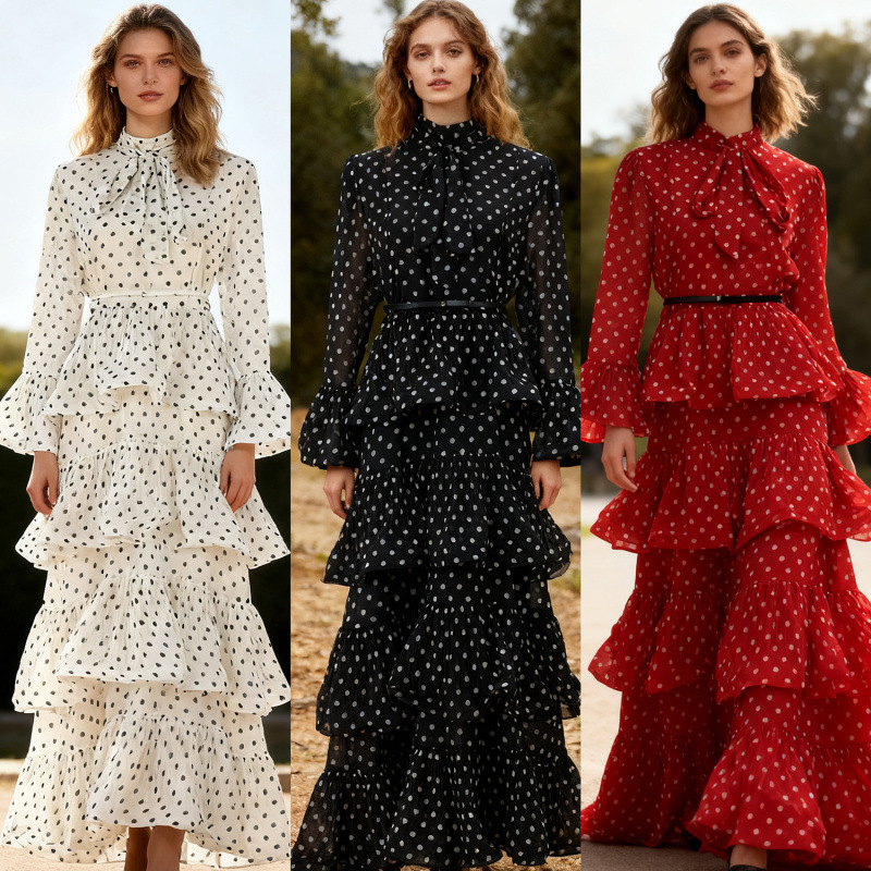 Independent Station Accessible Luxury High-End 2025 Autum New Polka Dot Pattern Pleated Layered Skirt Long Dress Independent Station Accessible Luxury High-End 2025 Autum New Polka Dot Pattern Pleated Layered Skirt Long Dress
