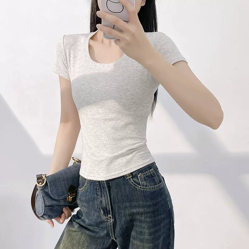 纯棉简约u领短袖正肩T恤女装夏季2025新款修身显瘦打底衫气质上衣