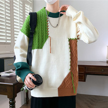 撞色圆领毛衣男秋冬款潮牌针织线衫男冬季慵懒风宽松情侣线衣外套