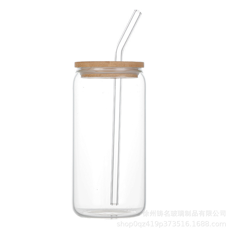 Vaso de vidrio de borosilicato transparente de Amazon transfronterizo con tapa de bambú taza de jugo de una sola capa con vidrio de paja 16oz taza de coco