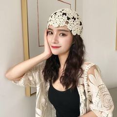 跨境热卖复古异域流苏时装帽子手钩花朵针织包头帽女蕾丝镂空帽