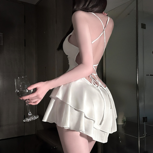 Gold River Erotic Lingerie Sexy Pure Desire Silk Slip Dress Women Beautiful Back Straps Uniform Temptation Pajamas QQNY