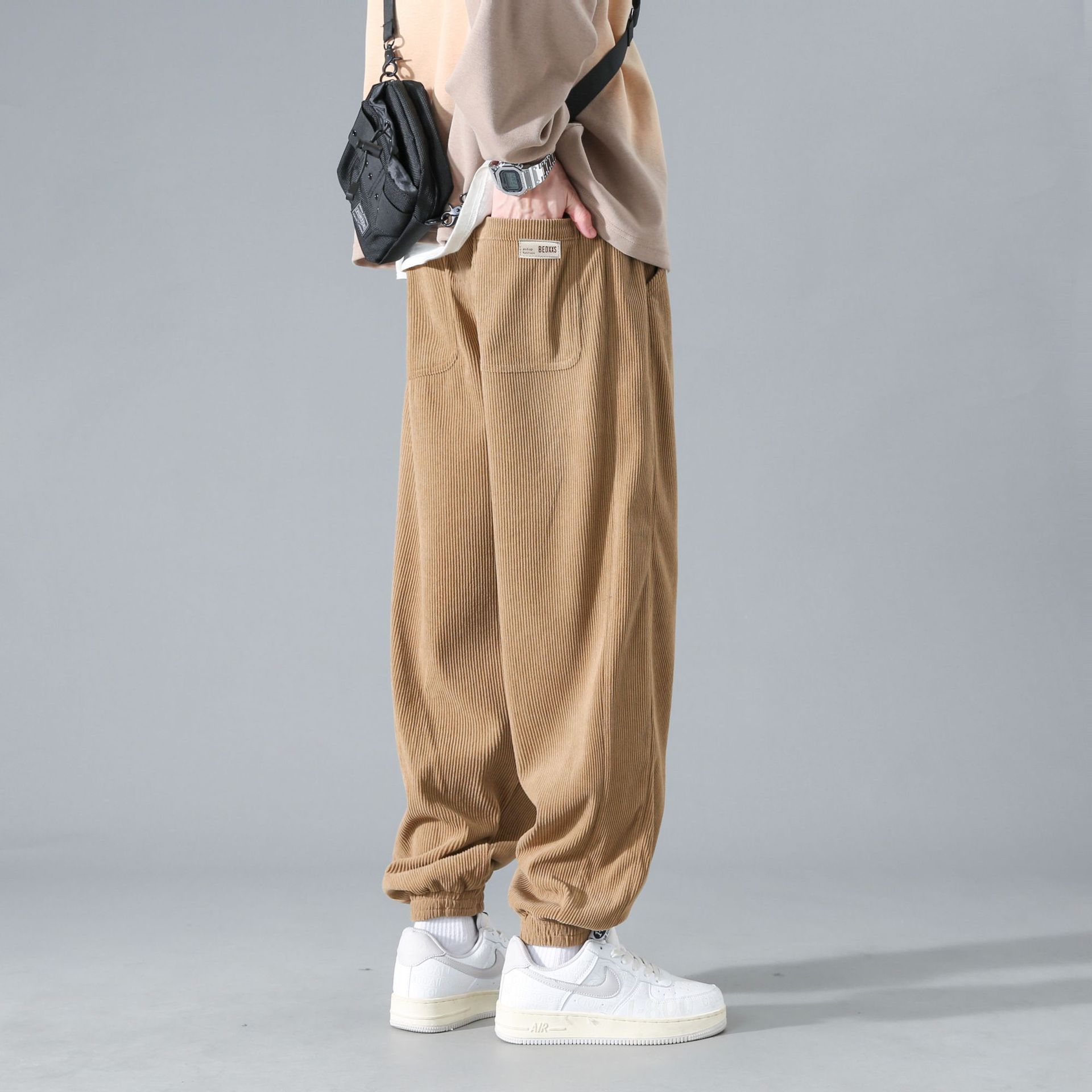 Men's Corduroy Pants for Spring and Autumn, Streetwear Brand, Plus Size, Tied-in Ankle, Retro, Versatile, American Style, Loose Straight Leg Casual Pants