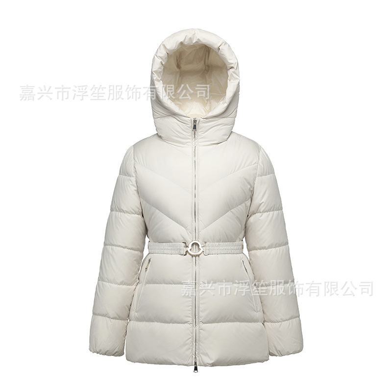 M Brand Mongolian Hooded Short White Duck down Jacket with Belt, Slim Fit, Warm Women's Coat