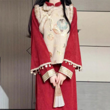 加绒加厚秋冬新款改良马甲旗袍复古民国风灯芯绒少女长裙外套套装