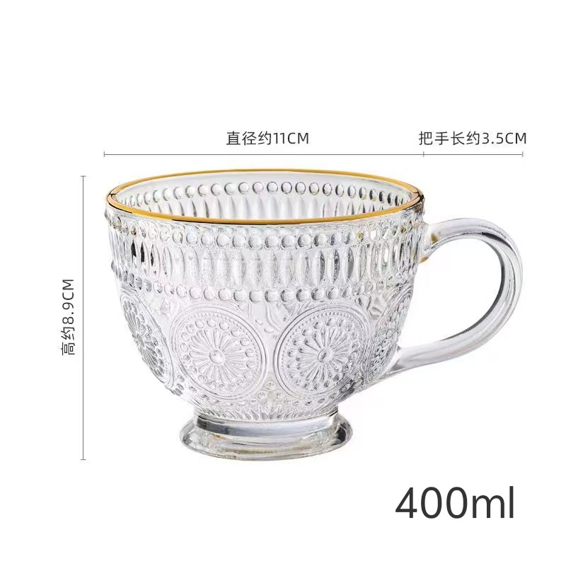 Taza de cristal de flores de sol retro red taza de agua en relieve de alto valor de la cara taza de café taza de leche de avena con mango taza de agua