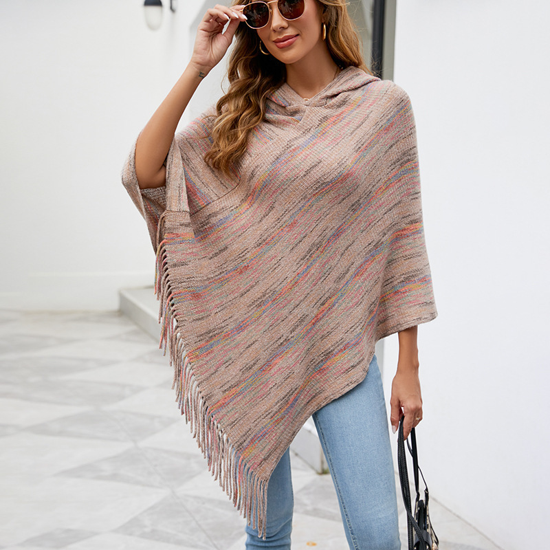 Drizzle Cross-Border Hooded Striped Tassel Cape Shawl Women's 2023 Autumn and Winter New Women's Outerwear Scarf