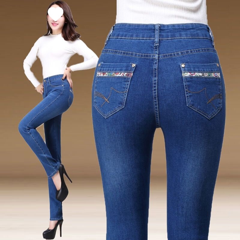 Spring and Autumn Style Middle-Aged Mom Jeans for Women, High-Waisted, Loose Straight-Leg Pants, Stretchy, Plus Size, Dark Color