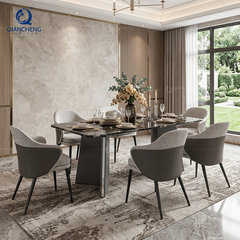 Juego de Comedor de Mármol con 6 Sillas, Acero Inoxidable, Desmontable, Rectangular, para Restaurante image 1