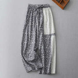 日系复古灰色碎花拼接棉麻休闲裤女春季新款小个子直筒阔腿遛弯裤