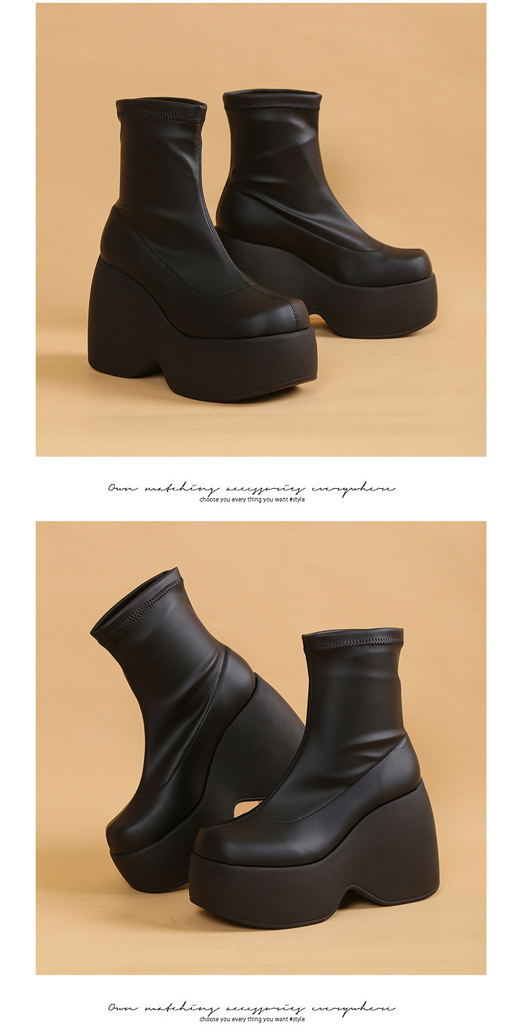 ShoeVault Plus Size Foreign Trade 2025 Spring And Autumn Thick Sole Square Toe Casual Stretch Short Fashion Martin Boots Women's_vogvips.com