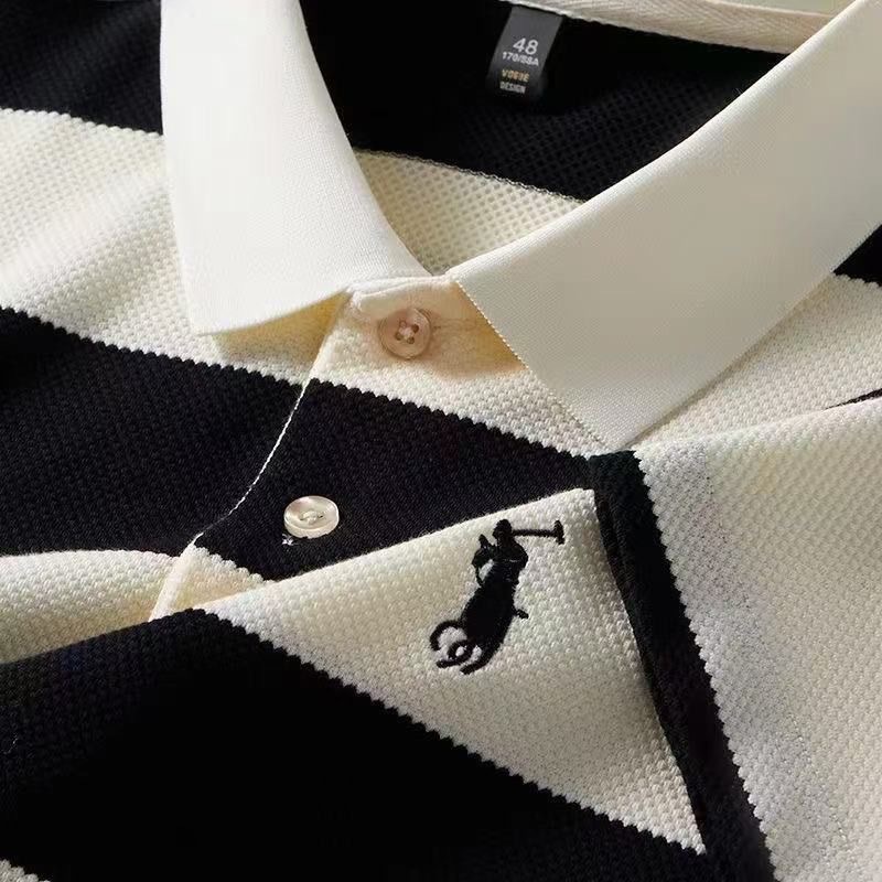 2025 New Summer Short-Sleeved T-Shirt Stripesd Polo Shirt Middle-Aged Men's Business Lapel Horse Mark High-End Top
