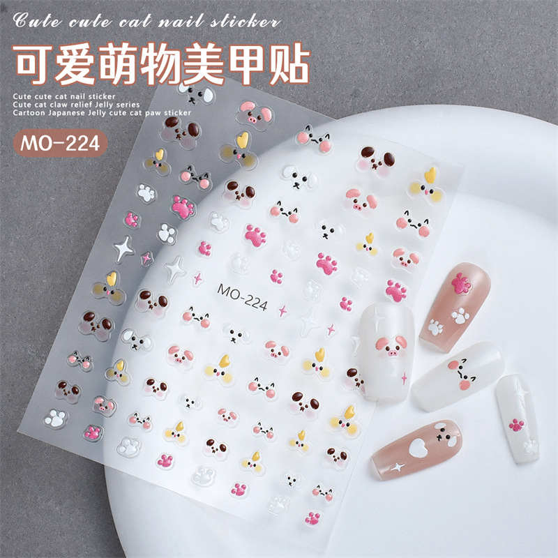 Estilo caliente, lindo, lindo, en relieve, pegatinas de uñas, animales pequeños japoneses, lindos, pegatinas de uñas de garras de gato, pegamento trasero 3D