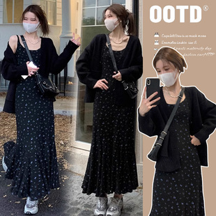 Real shot in stock 2024 pregnant women black floral condole belt long fishtail skirt loose knitted embroidered coat two-piece set