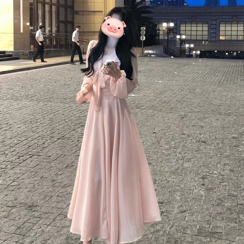 French-style gentle V-neck bow-tie dress for women, plus size, super fairy-like pink long-sleeve dress