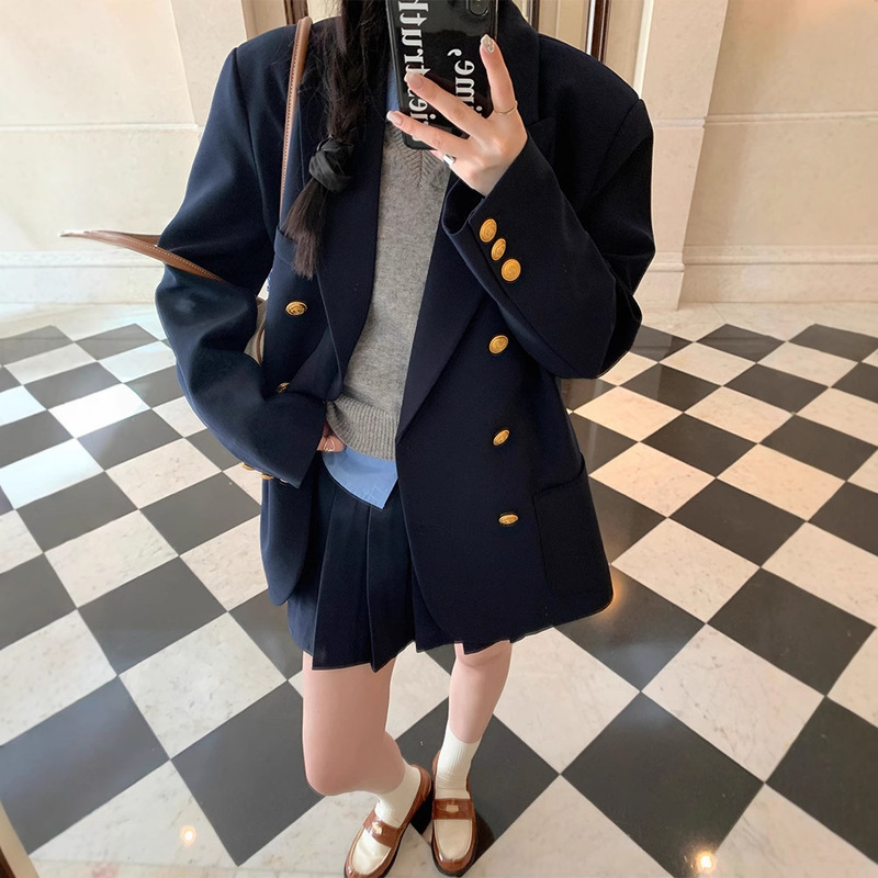 预售休闲黑色西装外套女春秋季新款气质金属扣西服上衣|undefined