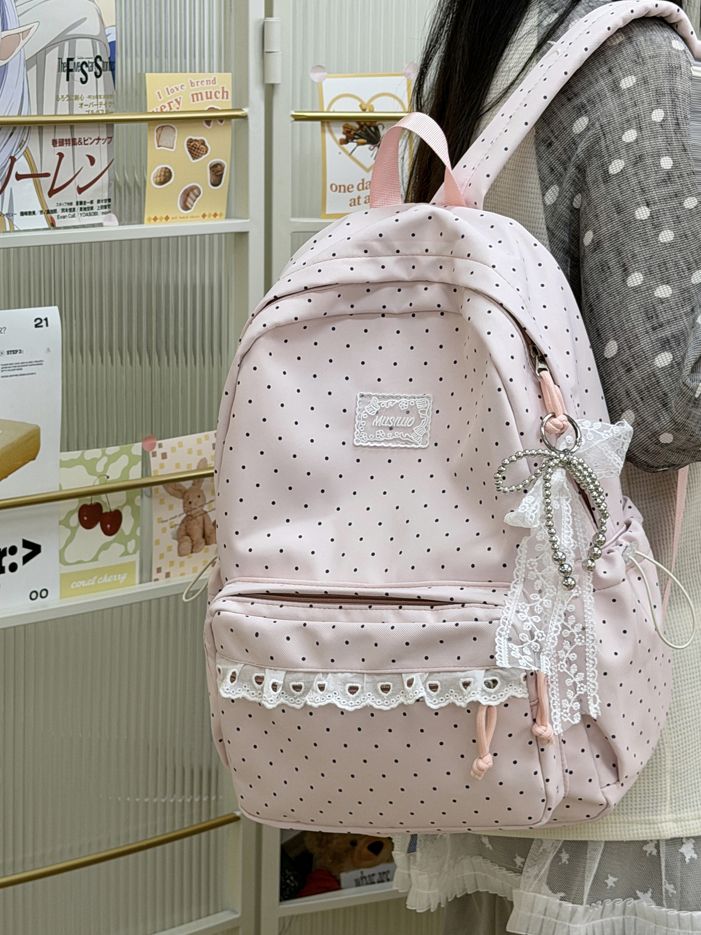 Polka Dot Lace Trim Spacious School Backpack 16
