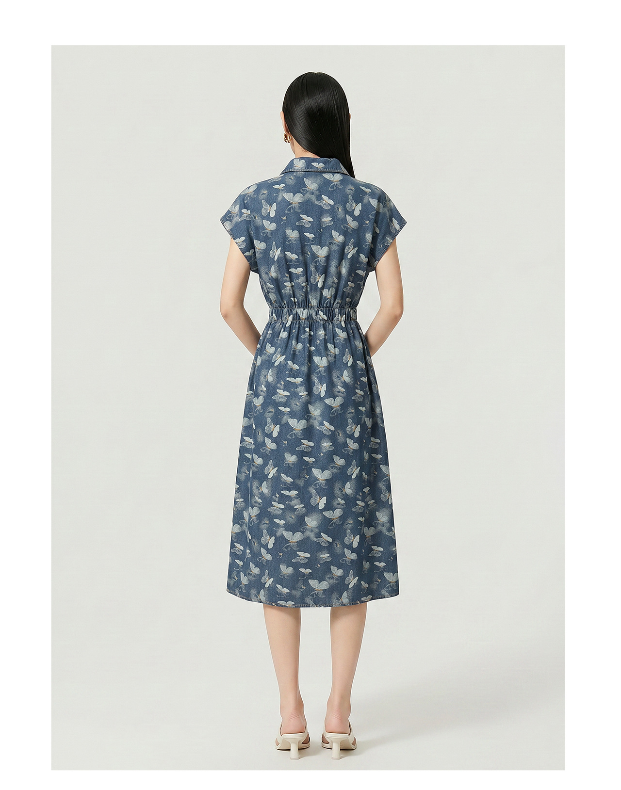 Đầm maxi nữ in họa tiết hoa bướm chất denim nhẹ thắt eo — Cao bồi xanh chi tiết 16
