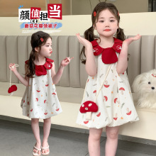 夏季新款女童韩版连衣裙红色娃娃领无袖背心裙蘑菇印花儿童公主裙