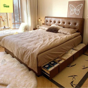 French Retro Mid-Century Style Oil Wax Leather Waffle Leather Bed Master Bedroom High-End Atmospheric Double Bed Internet Celebrity Storage Bed
