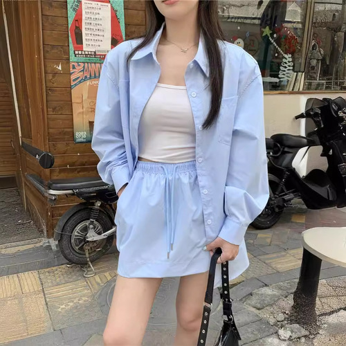 2026 spring and summer lazy loose long-sleeved solid color sun-proof shirt short skirt two-piece fashionable temperament lazy suit