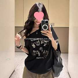 美式黑色斜肩纯棉短袖t恤女夏季2026新款辣妹露肩宽松设计感上衣