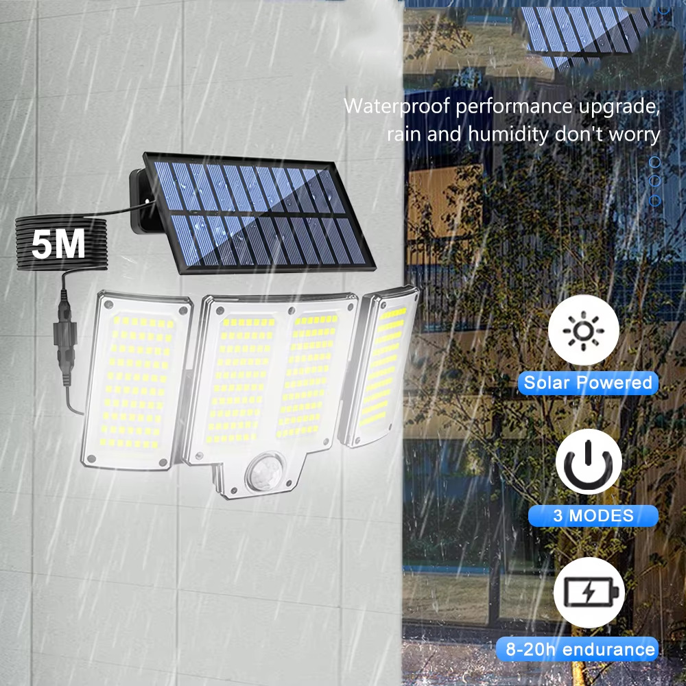 New Solar Wall Lamp Three-Head Rotating Curved Surface Street Lamp Human Body Sensor Garage Lighting 280Led Garden Lamp