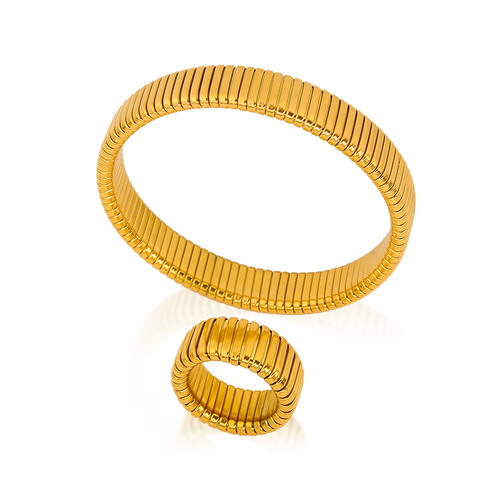 Wholesale European and American cross-border 18k real gold titanium-plated steel fashion elastic polished bracelet rings men's and women's jewelry