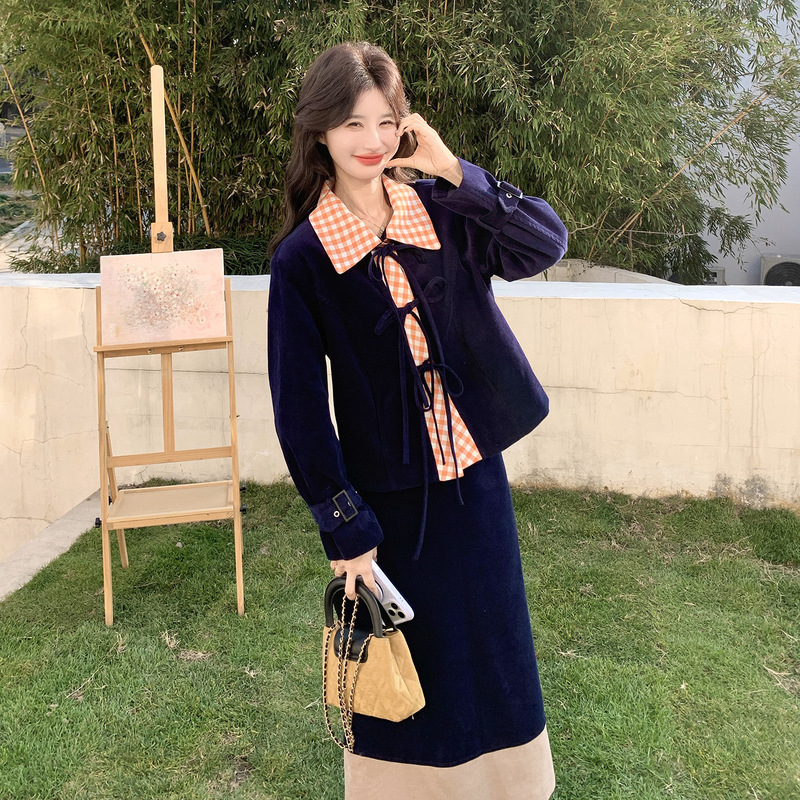 Navy Blue Plaid Patchwork Velvet Jacket with Bow, Slim-Fit and Elegant Skirt, High-End Two-Piece Set for Spring