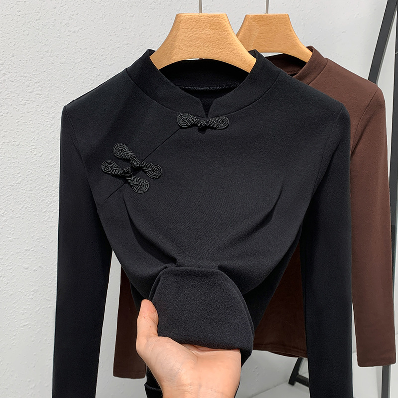 Collar de pie camisa de fondo para mujeres 2023 nueva ropa de mujer estilo occidental hebilla manga larga Camiseta cintura apretada desgaste interior nuevo estilo chino top image 7