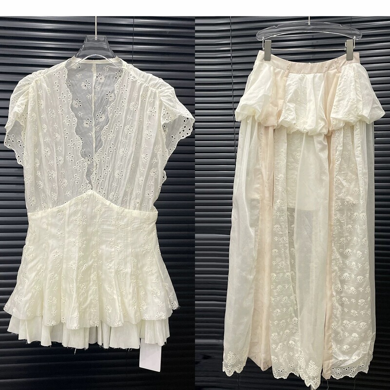2025 Summer New Jacquard Lace Fashion Set for Women with Niche Design V-Neck Shirt + Skirt