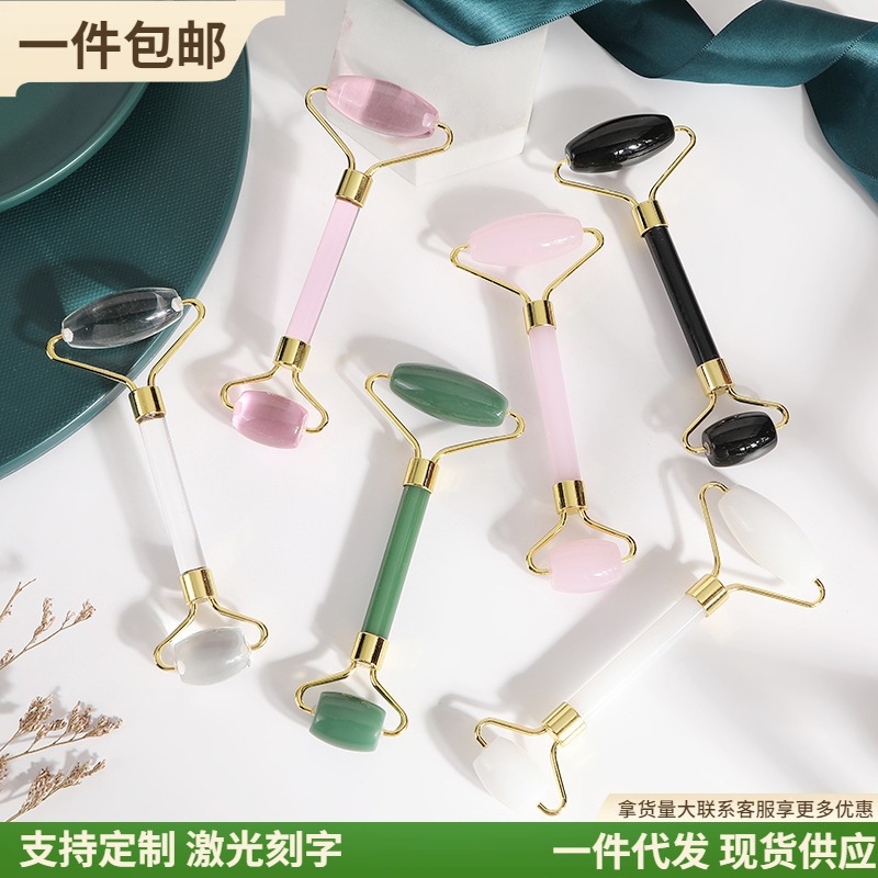 玉石滚轮按摩器粉晶滚轮家用面部双头滚轮非树脂刮痧按摩器批发