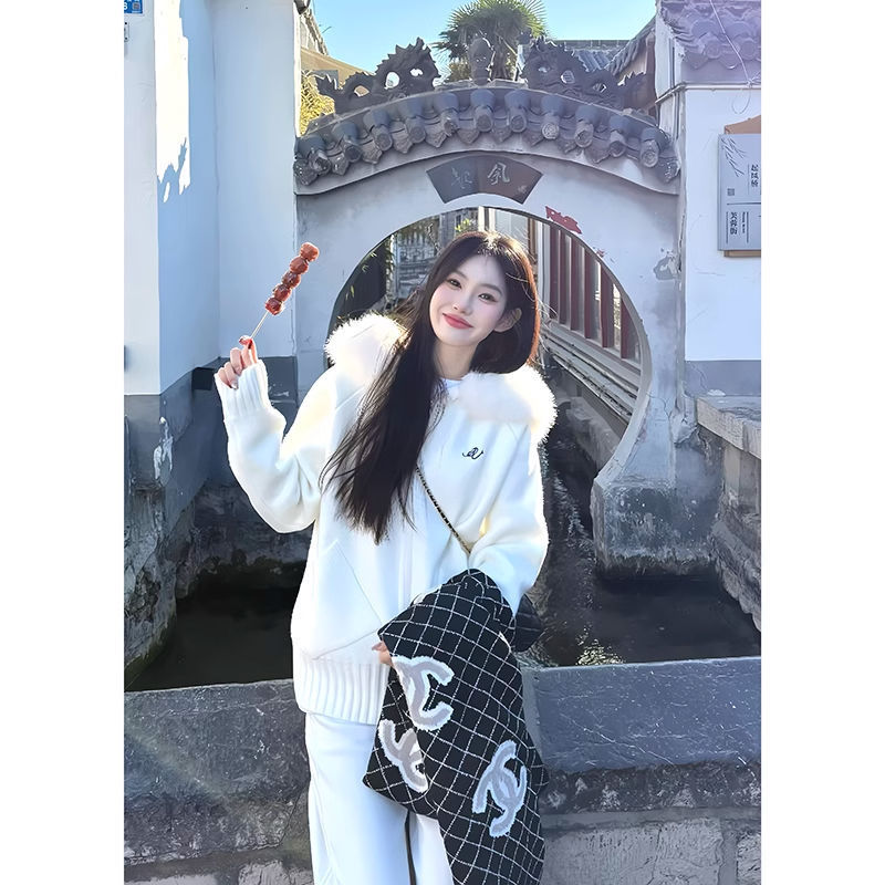 韩版慵懒风减龄软糯温柔连帽毛领针织衫女秋冬新款休闲百搭毛衣潮|undefined