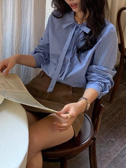 pusumede 转角街头 蓝色蝴蝶结绑带条纹衬衫女长袖衬衣气质上衣|undefined