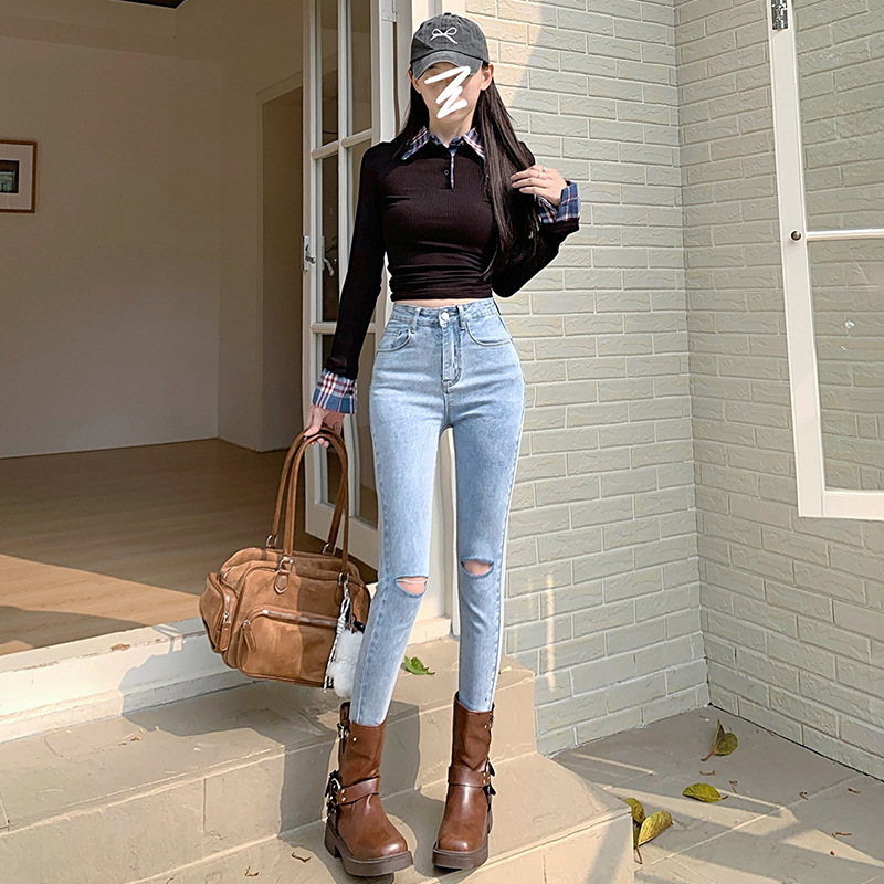 春秋新款破洞打底裤女外穿百搭小脚铅笔裤高腰显瘦乞丐长裤子九分