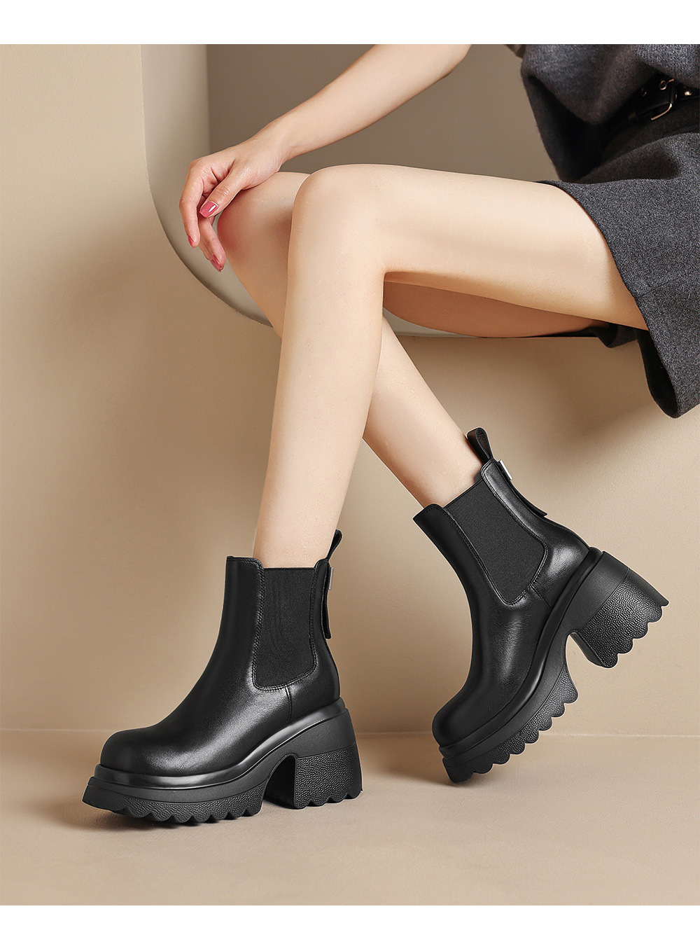 Boot Chelsea nữ da thật đế dày platform gót cao 9 cm mùa thu đông 2025 — Lớp lót đơn màu be, Lớp lót nhung đen, Lớp lót nhung màu be, Lớp lót đơn màu đen chi tiết 7