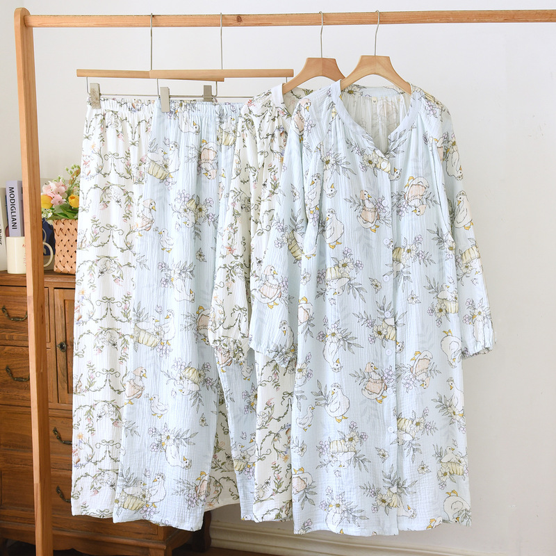 Spring and Autumn Maternity Clothes for Pregnant Women Postpartum Loose Cartoon Nursing Clothes Maternity Nightgown Pajamas Spring and Autumn Suit with Breast Pad