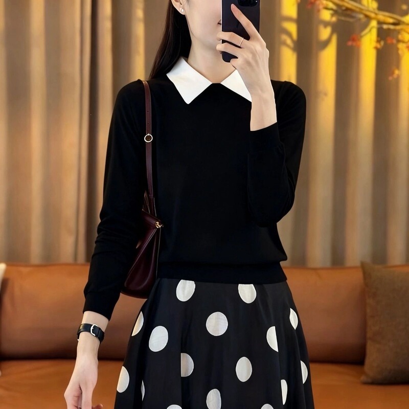 Plus-size long-sleeve doll collar knit sweater, loose fit, simple and versatile, long-sleeve, 2026 spring/autumn new fashion top Plus-size long-sleeve doll collar knit sweater, loose fit, simple and versatile, long-sleeve, 2026 spring/autumn new fashion top