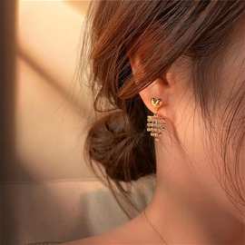 s925银针韩国气质爱心耳钉网红长款流苏耳环潮简约设计感满钻耳饰