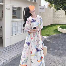 超好看夏日俏皮减龄涂鸦风连衣裙女 2026新款松弛感韩系小众A字裙
