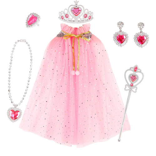 New model for children and girls to play princess, colorful cloak, magic wand, female crown, queen necklace, earrings and rings, six-piece set